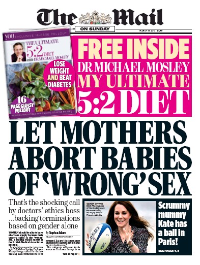 The Mail on Sunday Newspaper Front Page for 19 March 2017
