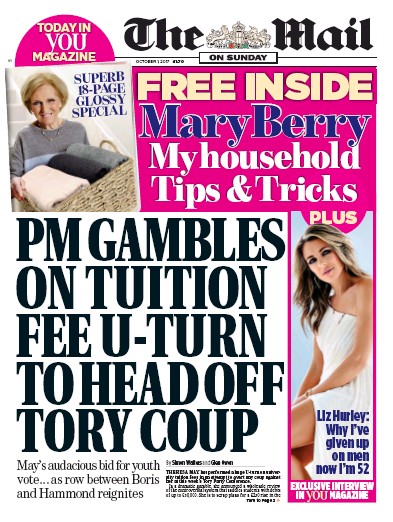 The Mail on Sunday Newspaper Front Page for 1 October 2017