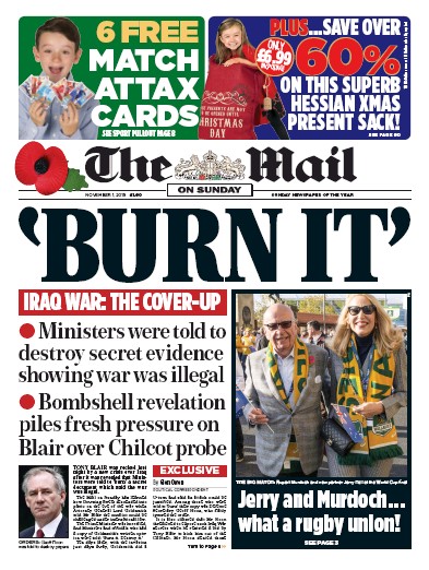 The Mail on Sunday Newspaper Front Page for 1 November 2015