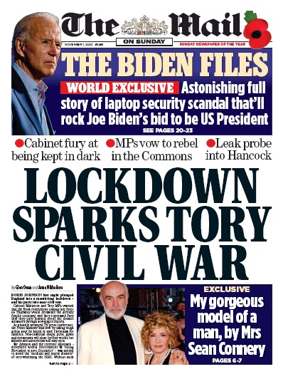 The Mail on Sunday Newspaper Front Page for 1 November 2020