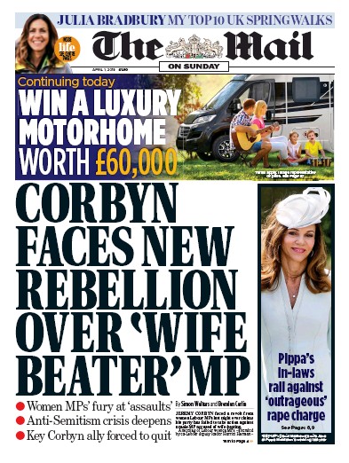 The Mail on Sunday Newspaper Front Page for 1 April 2018