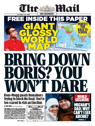 The Mail on Sunday Newspaper Front Page for 1 September 2019