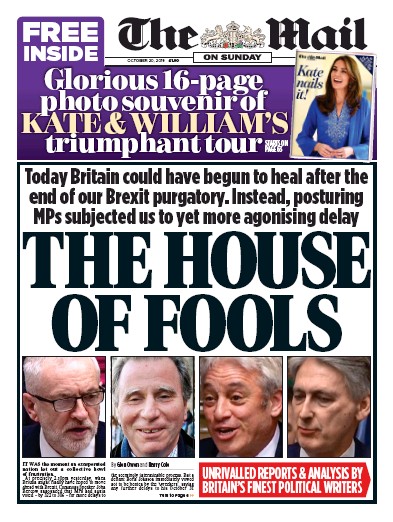 The Mail on Sunday (UK) Newspaper Front Page for 20 October 2019