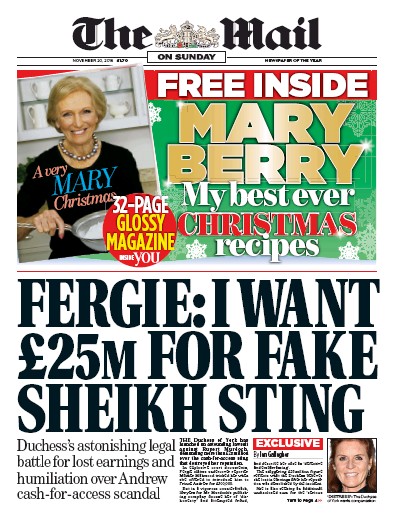 The Mail on Sunday (UK) Newspaper Front Page for 20 November 2016