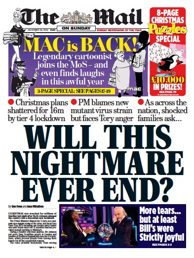 The Mail on Sunday Newspaper Front Page for 20 December 2020