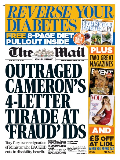 The Mail on Sunday Newspaper Front Page for 20 March 2016