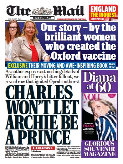 The Mail on Sunday (UK) Newspaper Front Page for 20 June 2021