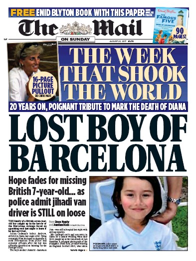 The Mail on Sunday (UK) Newspaper Front Page for 20 August 2017