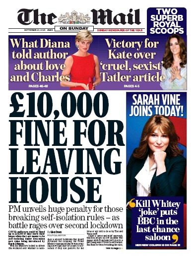 The Mail on Sunday (UK) Newspaper Front Page for 20 September 2020