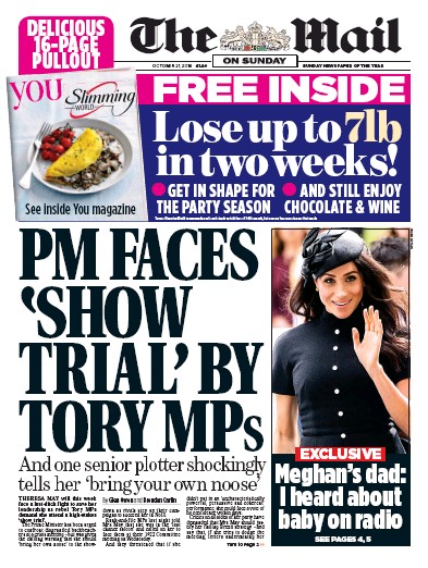 The Mail on Sunday Newspaper Front Page for 21 October 2018