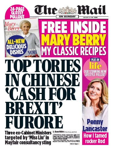 The Mail on Sunday Newspaper Front Page for 21 January 2018