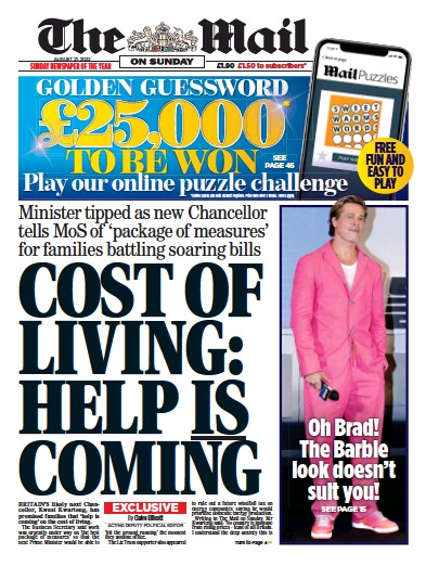 The Mail on Sunday (UK) Newspaper Front Page for 21 August 2022
