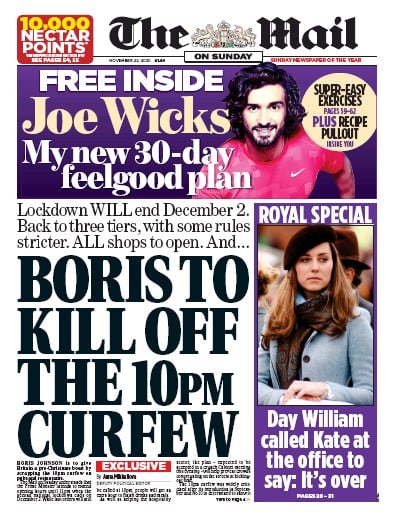 The Mail on Sunday Newspaper Front Page for 22 November 2020