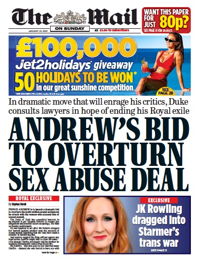 The Mail on Sunday (UK) Newspaper Front Page for 22 January 2023