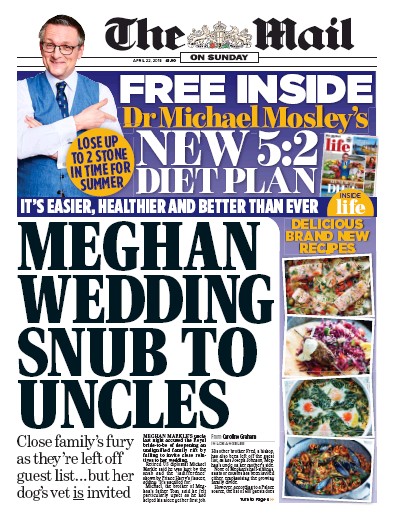 The Mail on Sunday Newspaper Front Page for 22 April 2018