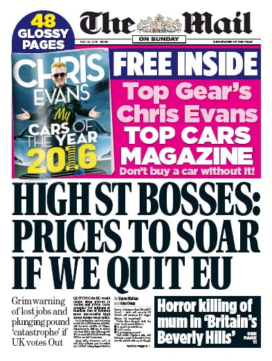 The Mail on Sunday Newspaper Front Page for 22 May 2016