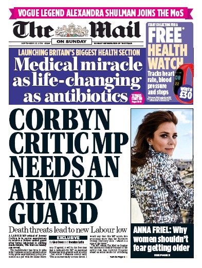 The Mail on Sunday Newspaper Front Page for 23 September 2018