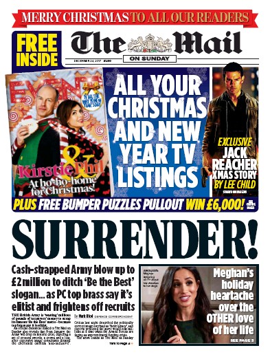 The Mail on Sunday Newspaper Front Page for 24 December 2017