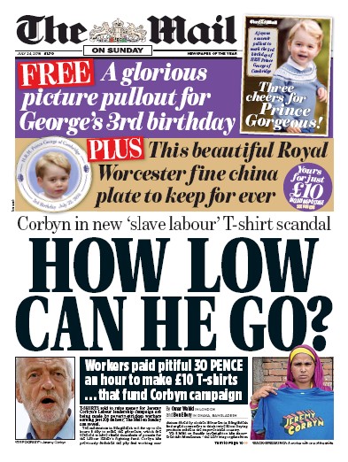 The Mail on Sunday Newspaper Front Page for 24 July 2016