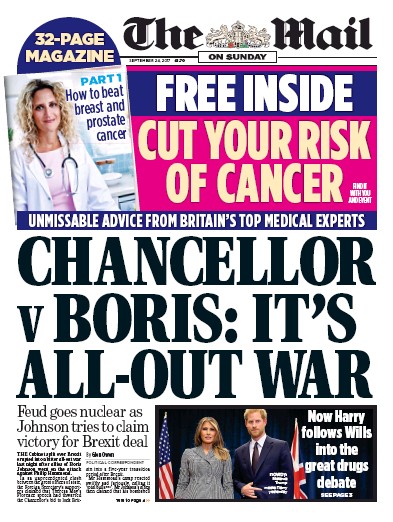 The Mail on Sunday Newspaper Front Page for 24 September 2017
