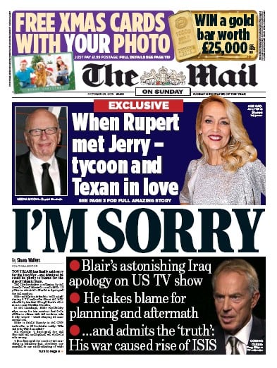 The Mail on Sunday Newspaper Front Page for 25 October 2015
