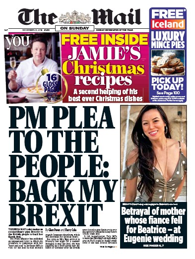 The Mail on Sunday Newspaper Front Page for 25 November 2018