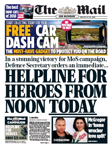 The Mail on Sunday (UK) Newspaper Front Page for 25 February 2018