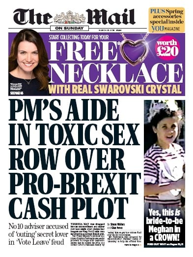 The Mail on Sunday Newspaper Front Page for 25 March 2018