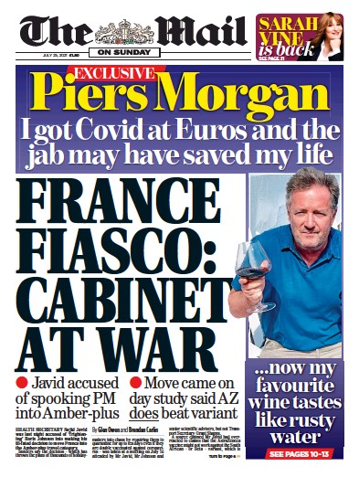 The Mail on Sunday (UK) Newspaper Front Page for 25 July 2021
