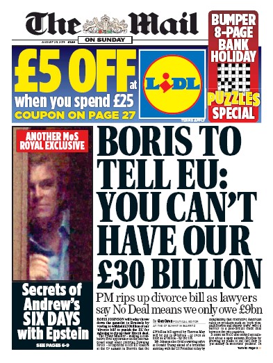 The Mail on Sunday (UK) Newspaper Front Page for 25 August 2019