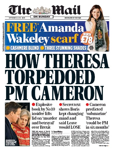 The Mail on Sunday Newspaper Front Page for 25 September 2016