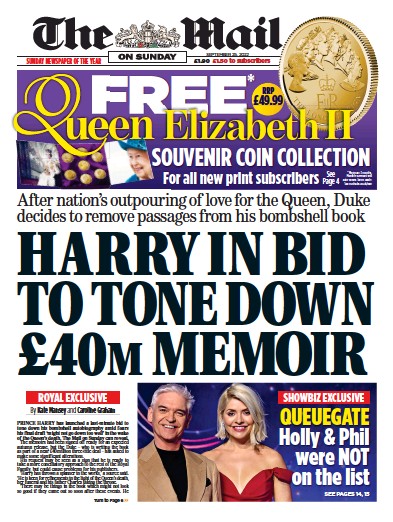The Mail on Sunday (UK) Newspaper Front Page for 25 September 2022