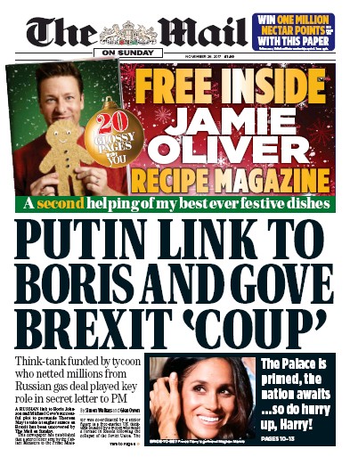 The Mail on Sunday Newspaper Front Page for 26 November 2017