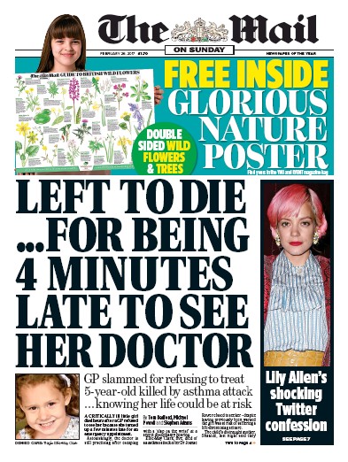 The Mail on Sunday Newspaper Front Page for 26 February 2017