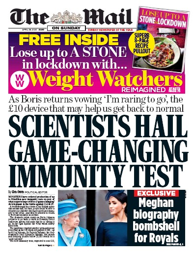 The Mail on Sunday (UK) Newspaper Front Page for 26 April 2020