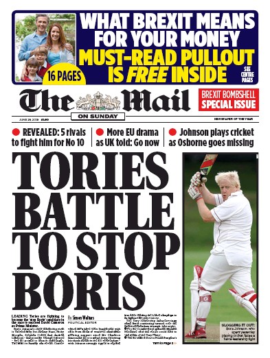 The Mail on Sunday Newspaper Front Page for 26 June 2016