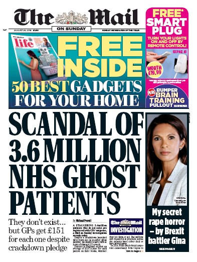 The Mail on Sunday (UK) Newspaper Front Page for 26 August 2018