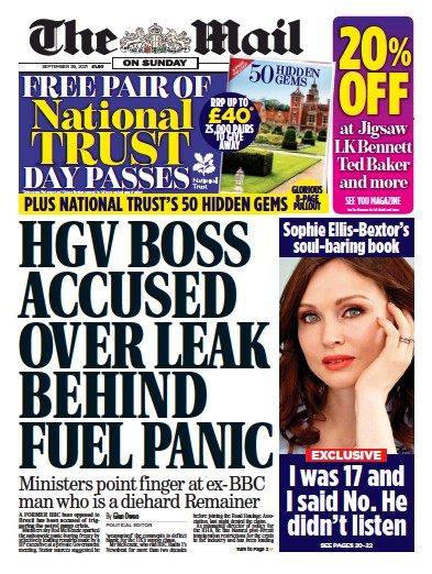 The Mail on Sunday (UK) Newspaper Front Page for 26 September 2021