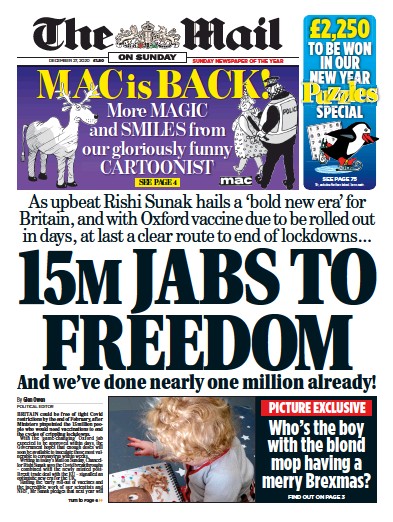 The Mail on Sunday Newspaper Front Page for 27 December 2020