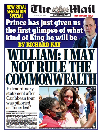 The Mail on Sunday Newspaper Front Page for 27 March 2022