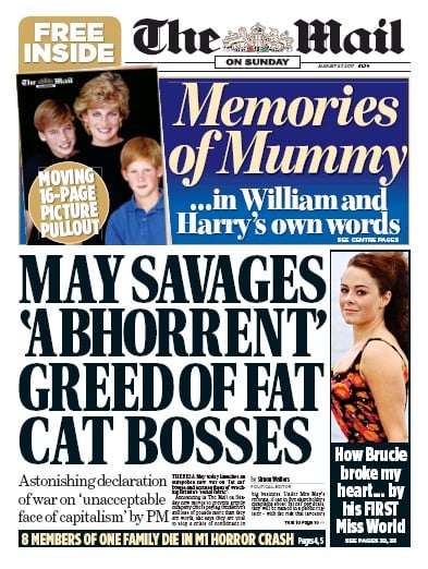 The Mail on Sunday Newspaper Front Page for 27 August 2017