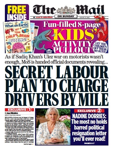 The Mail on Sunday (UK) Newspaper Front Page for 27 August 2023