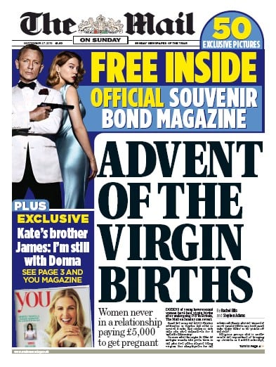 The Mail on Sunday Newspaper Front Page for 27 September 2015