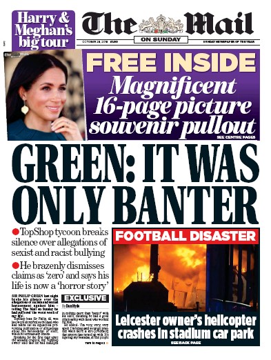 The Mail on Sunday Newspaper Front Page for 28 October 2018