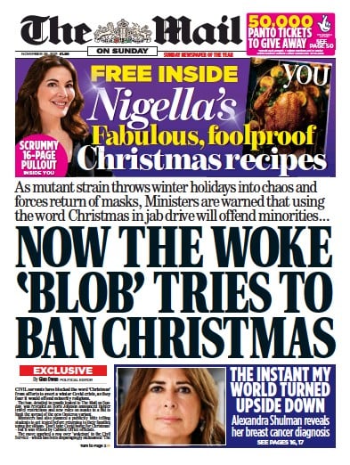 The Mail on Sunday (UK) Newspaper Front Page for 28 November 2021