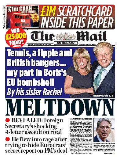 The Mail on Sunday Newspaper Front Page for 28 February 2016