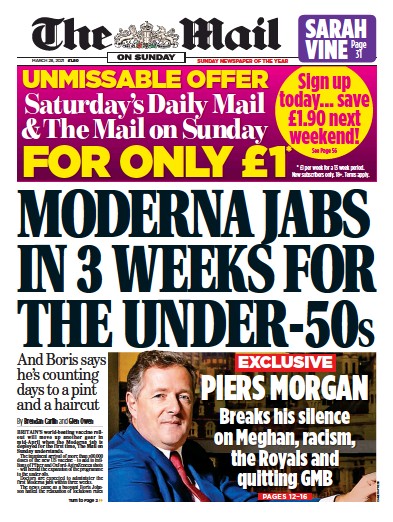 The Mail on Sunday (UK) Newspaper Front Page for 28 March 2021