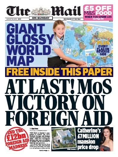 The Mail on Sunday (UK) Newspaper Front Page for 28 August 2016