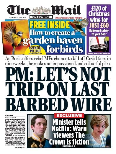 The Mail on Sunday (UK) Newspaper Front Page for 29 November 2020