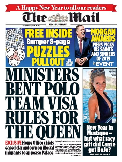 The Mail on Sunday Newspaper Front Page for 29 December 2019